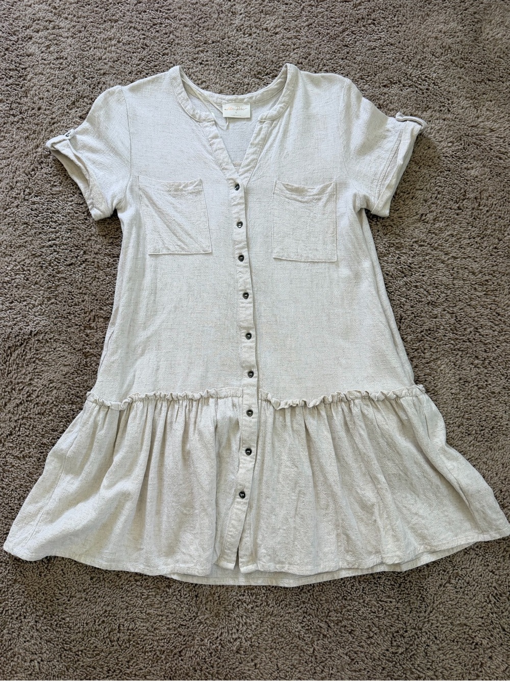 Linen Cotton blend Light Cream Button-Front Ruffle Hem Dress